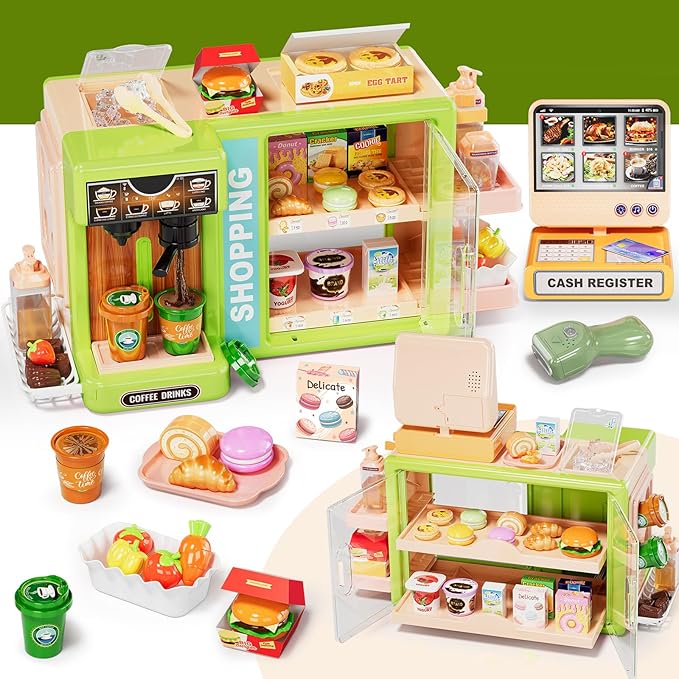 Toddler Toy Grocery Store, Supermarket Playset with Touch Voice Cash Register, Scanner, Coffee Maker, Play Food, Play Money, Pretend Play Toys for Toddlers Kids Birthday