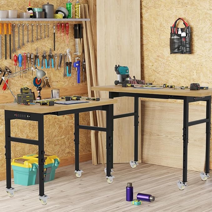 60'' Adjustable Workbench, Solid Wood Work Bench Table with Wheels and Power Outlet, Rolling Workbench Large Load Capacity Garage Workbench for Workshop,Office,Home