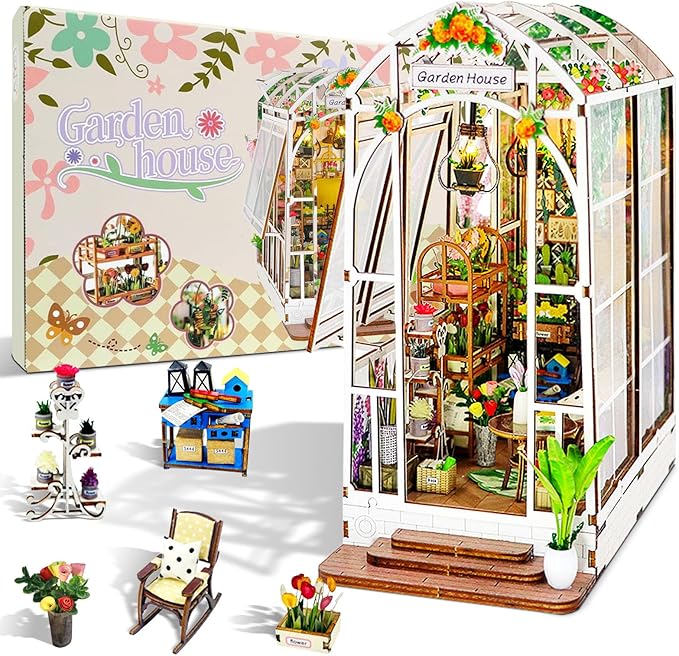 Book Nook Kit Garden House, DIY Miniature Book Nook Kits for Adults with LED Light, 3D Puzzle Bookshelf Decor Gift for Teens Women Family