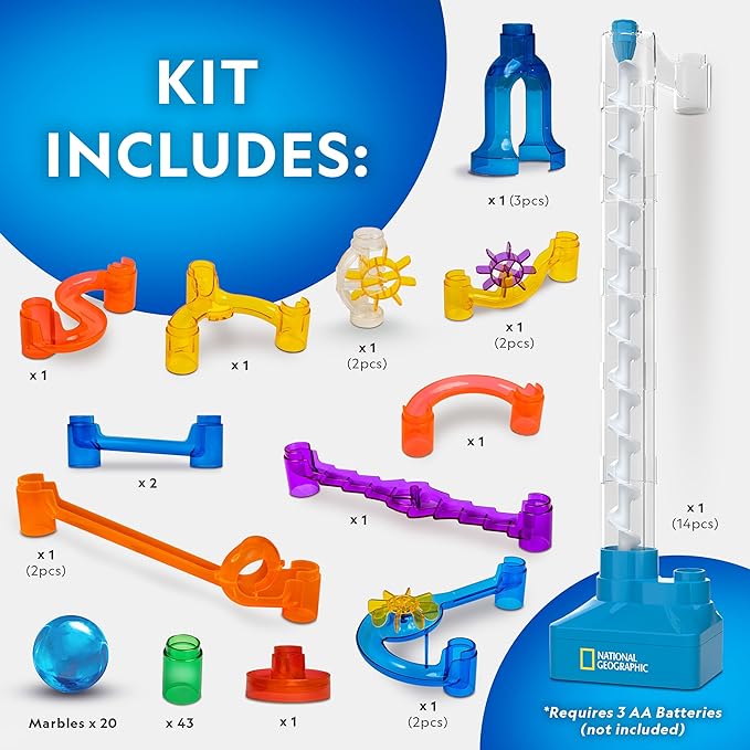 National Geographic Marble Run with Motorized Elevator - 95-Piece Marble Maze Kit with Motorized Spiral Lift, 20 Marbles, Perpetual Motion Machine, STEM Gifts for Boys and Girls, Kids Physics Toys