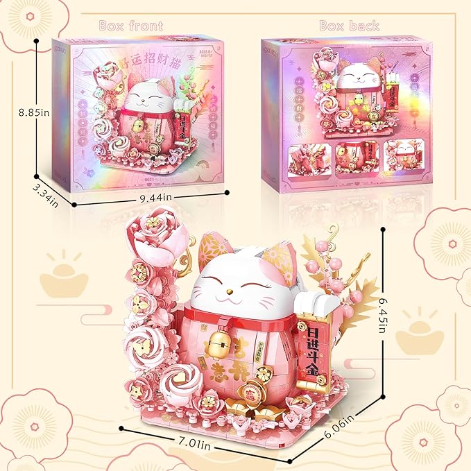 Lucky Cat Building Block Set, Compatible with Lego Cat, 868Pcs Cute Fortune Cat with Flowers Building Blocks, Christmas Birthday Creative Gift for Girls Boys Adult (Pink Cat)
