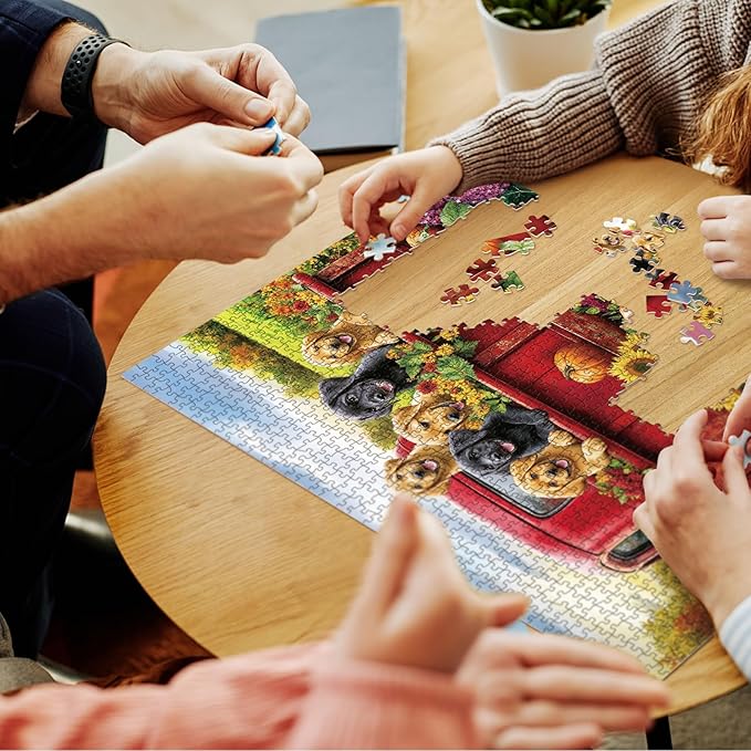 Dog Truck Flower Puzzle 1000 Pieces for Adults, Farm Fall Autumn Sunflower Jigsaw Puzzle, Animal Country Vintage Funny Puzzles