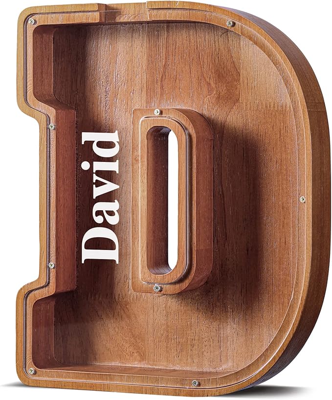 Summidate Customized Name Extra Large Wooden Piggy Bank for Kids Boys Girls Alphabets Letter A-Z Coins Bills Money Change Saving Box Clear Cover (Laser Engraved) Educational Toys 12"- Letter D
