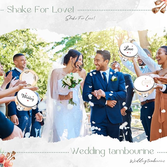 24 Set Tambourine for Adults Wooden Hand Held Drum with Metal Jingles, Gift Tags, White I Love You Printed Ribbon Percussion Gift Musical Instrument for Church Wedding Party Favor (8 Inch)