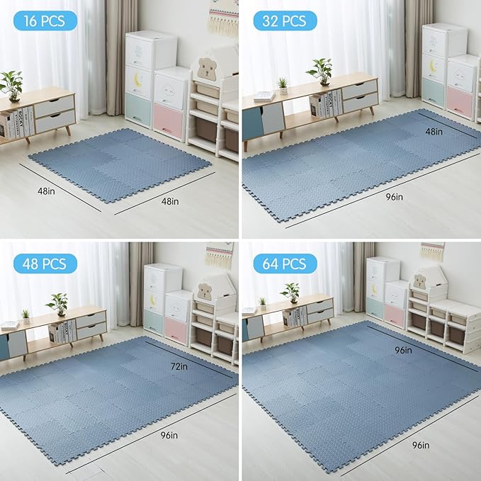 Coolcandy EVA Foam Play Mat, 16 Tiles Colorful Baby Play Mat, Square Kids Playmat with Solid Colored, 0.4" Thickened Interlocking Foam Floor Tiles, Puzzle Play Mat for Baby Lying, Playing (Gray Blue)