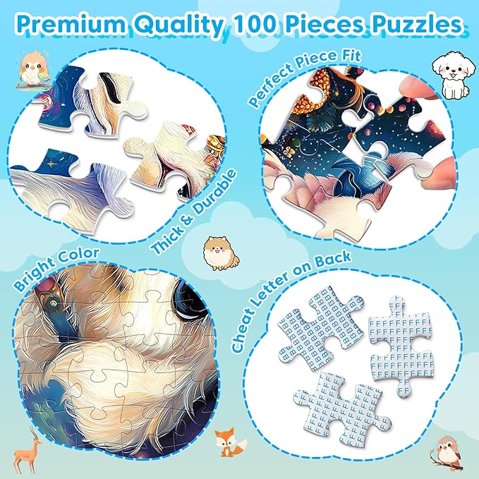 4-Pack 100 Piece Puzzles for Kids Ages 4-6 6-8 8-10, Adorable Puppy Parrot Springbok Fox Jigsaw Puzzles, Set for Kids Adults Seniors, Fun and Educational Toys for Family