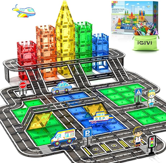 104 PCS Magnetic Tiles Road Set, STEM Construction Toys for Kids Ages 3-5 5-7 4-8, Magnet Building Blocks for Toddler Toys Games, Christmas Birthday Gifts for 3+ Year Old Boys Girls