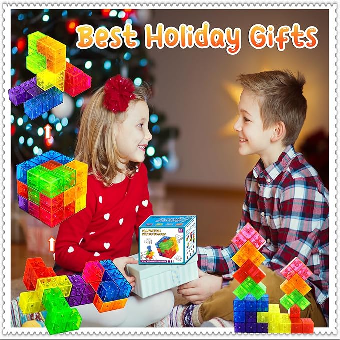Kids Magnetic Building Blocks Magic Magnetic 3D Puzzle Cubes Set of 14 Multi Shapes with 108 Guide Cards, Parent-Child Interactive Children's Educational Toys
