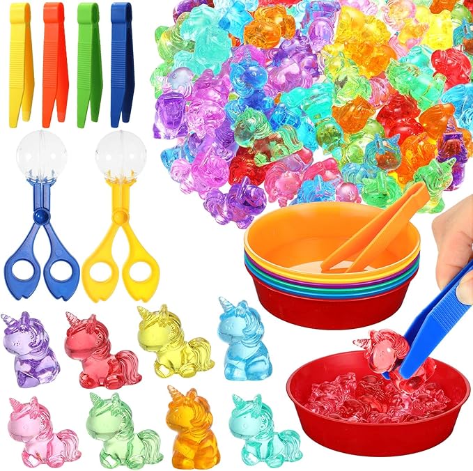 Leitee 62 Pcs Sensory Bin Filler Include 50 Unicorn Acrylic Beads 4 Tweezers 2 Scissors Clips 6 Cups Fine Motor Toys Set for Boys Girls Early Education and Counting Sorting Training