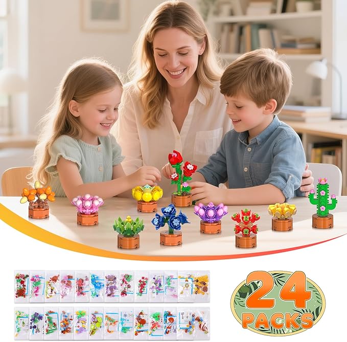 24 Pack Flowers Succulents Party Favors for Kids Building Set - 1012 PCS Botanical Bonsai 3.6MM Mini Building Blocks Toy for Classroom Prizes Easter Basket Stuffers Birthday Gift for Girl Boy Ages 6+