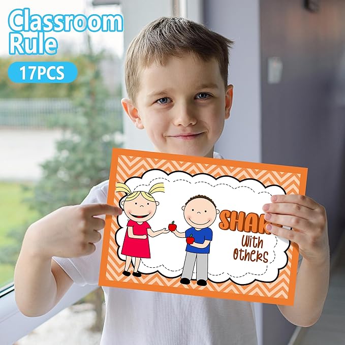 Alpurple 17 Pcs A4 Classroom Rules, Preschool Class Rules Posters, Classroom Rule Bulletin Board Decorations for Kindergarten Preschool Elementary School