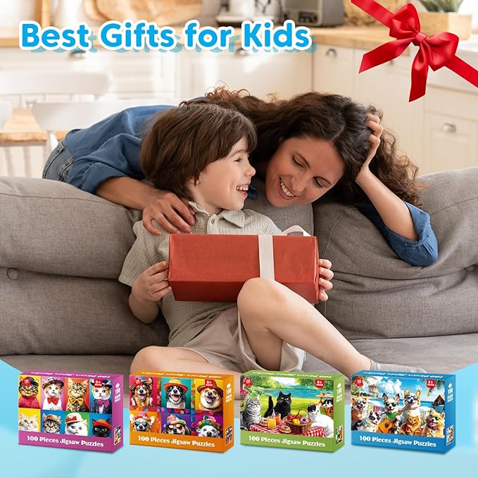 4 Packs 100 Piece Puzzles for Kids Ages 4-6 6-8 8-10, Lovely Cats Dogs Kids Puzzles Ages 5-8 100 Piece Large Jigsaw Puzzles for Adults Seniors Educational Toys Gifts for Girls Boys