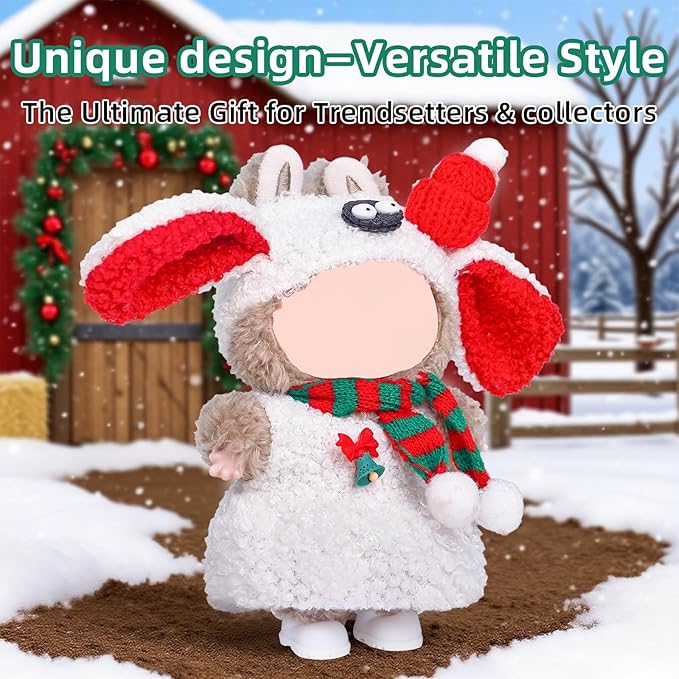17cm Doll Clothes Designer Set-4 Piece Set Clothing for Dolls, Boys and Girls Stylish Adorable Outfits Clothes Accessories, Includes—Cute Sheep Hat + Plush Dress + Christmas Scarf + Shoes(Style E)