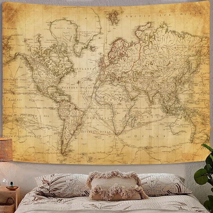 Old World Map Tapestry, Vintage World Map Geographical Distribution Tapestry Wall Hanging, Brown Historical Atlas Educational Poster Classroom Large Tapestries Office Decor 90x70