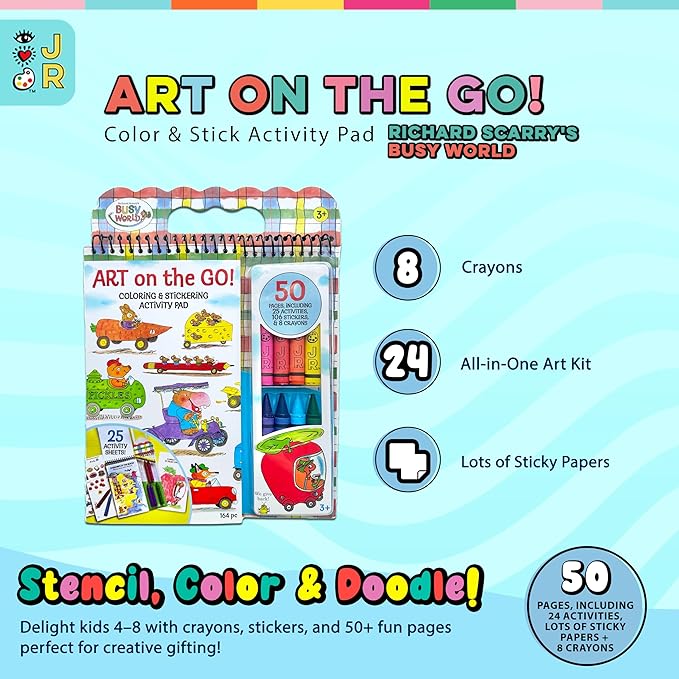 Bright Stripes Richard Scarry Busy World Art on The Go Travel Kit for Kids| Preschool Coloring & Activity Set Ages 3+| 50 Pages,Stickers & Crayons|Creative On-The-Go Fun for Toddlers & Young Children