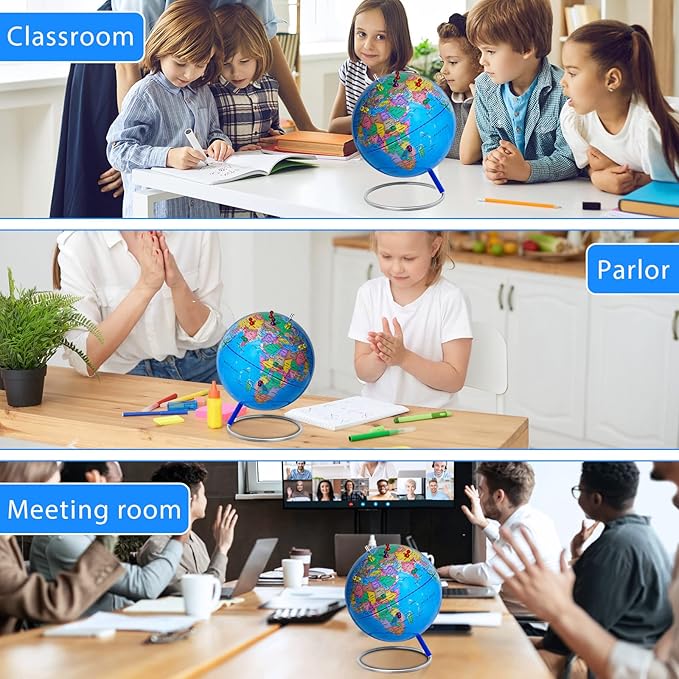 9" World Globe for kids Learning, Classroom Desk, Geographic Globe with iron Stand & colorful Magnetic Push Pins & magnifier & handkerchief, 360° Horizontal Rotation Educational World Globe, Blue