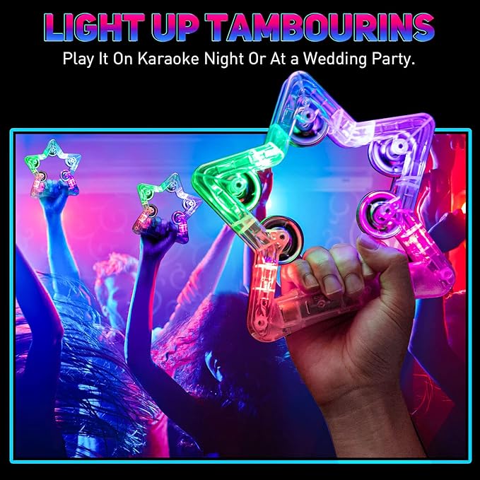 Facmogu 2 Pack Light Up Tambourines W/ 10 Metal Jingles, 3 Modes LED Flashing Musical Tambourine Handheld Percussion Instrument Glow Tambourine for Wedding Party Halloween Christmas Music Stage