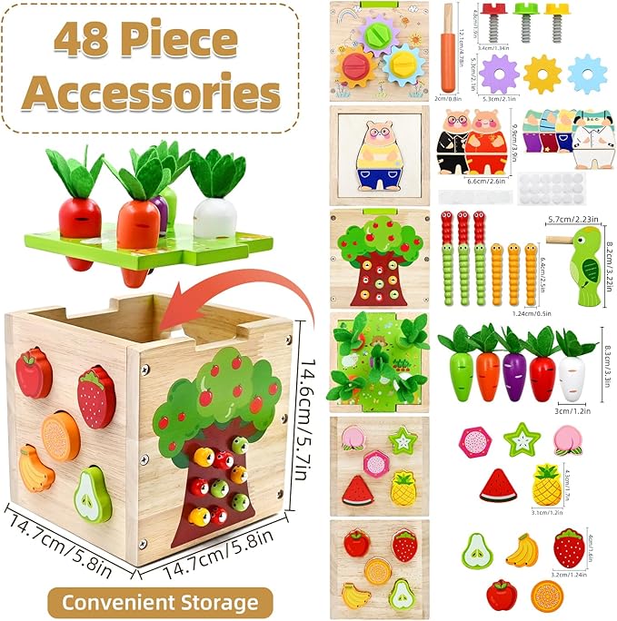 Baby Wooden Activity Cube Montessori Toys for Boys Girls Birthday Gifts, 5 in 1 Early Educational Learning Fine Motor Skill Game Toys for Toddlers Kids 18 24 Month Christmas Stocking Stuffers