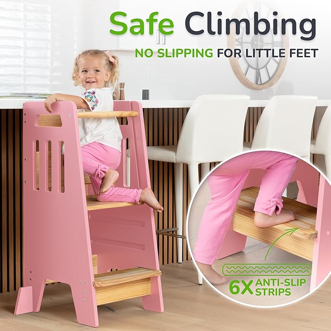OCODILE Toddler Tower with a Sliding Door and 3 Adjustable Heights - Complete Toddler Kitchen Stool Helper with Support Feet - Safe Design for 18+ Months to 6-Year-Old Kids - Pink