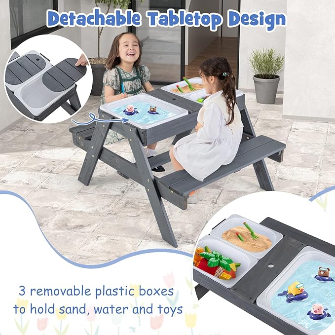 HONEY JOY Kids Picnic Table, 4 in 1 Cedar Wooden Sand & Water Table w/ 3 Removable Box & Umbrella, Kids Picnic Tables for Outdoors Backyard Garden, Toddler Patio Furniture Set for Boys Girls(Gray)