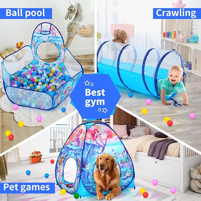 3 in 1 Kids Mermaid Play Tent for Toddler with Baby Ball Pit and Play Tunnel, Children Indoor Outdoor Playhouse with Crawling Tunnel Toy for Toddlers (3pc Mermaid Ball Pit)