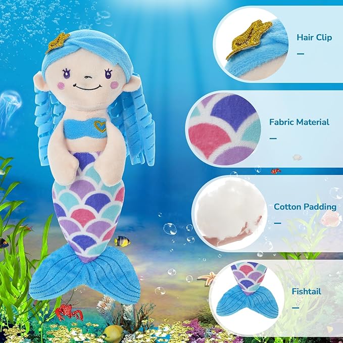 Athoinsu Blue Mermaid Stuffed Animal Soft Cute Mermaid Princess Plush Doll Toy Birthday Valentine's Day Gifts Decors for Girls Kids Toddlers, 12''