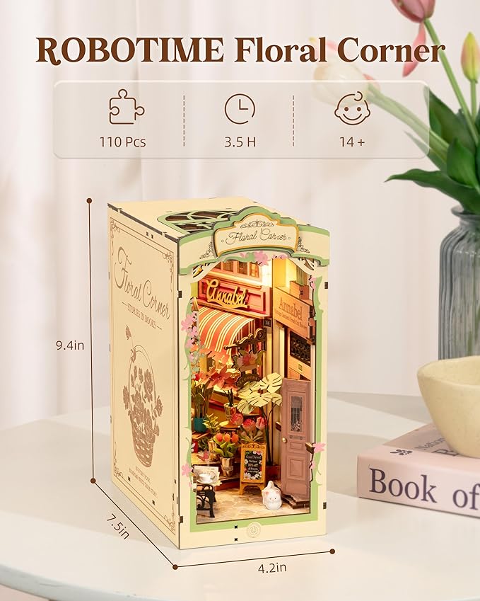 ROBOTIME DIY Book Nook Kits, Miniature House Kit, 3D Wooden Puzzle with LED, Dollhouse Booknook Kit, Creative Bookends Bookshelf Diorama Insert for Teens and Adults (Floral Corner)