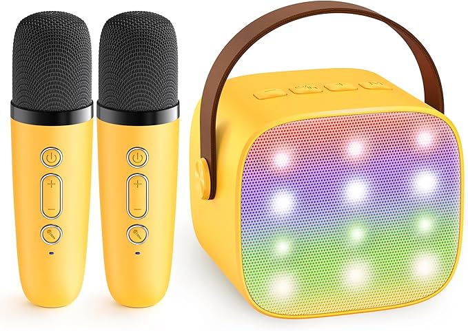 Mini Karaoke Machine for Kids Adults, Portable Bluetooth Speaker with 2 Wireless Microphones, Birthday Gifts Toys for Girls Boys Ages 3, 4, 5, 6, 7, 8, 9,10,11,12+ Years Old Toddler (Yellow)