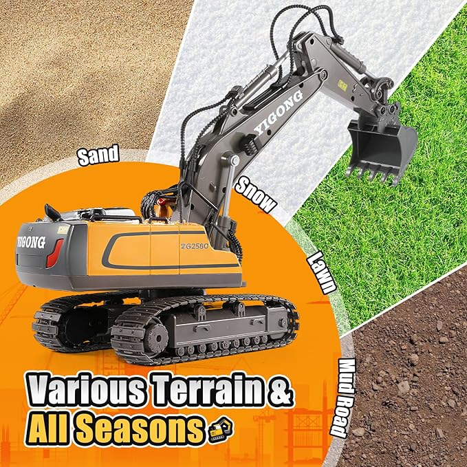 LUDILO Remote Control Excavator Toys for Ages 5-7, 11CH 2400mAh 2.4GHz RC Cars Construction Toy Truck Digger Metal Shovel Sound Light, Kids Boys Toys Age 4-6-8 Birthday Gifts for 5 6 7 8 Year Old Boys