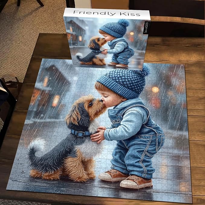 Cute Dog Puzzles for Adults 1000 Pieces, PICKFORU Friendly Kiss Love Hearts Jigsaw Puzzle, Impossible Difficult Rainy Puppy Theme as Home Decor