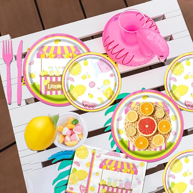 Lemon Party Supplies - 142Pcs Lemonade Party Decorations Tableware Set Includes Lemon Plates,Napkins,Cups,Banner,Lemonade Tablecloth for Lemon themed Birthday Party Baby Shower Party, Serves 20
