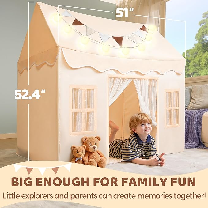 SYNCFUN Play Tent for Kids,Indoor & Outdoor Tent with Blanket,LED Lights & Flags for Toddler,Spacious 51*35*52 Inch,Playhouse for Kids,Ideal Private Space for Reading & Play for Boys & Girls Age 3-7