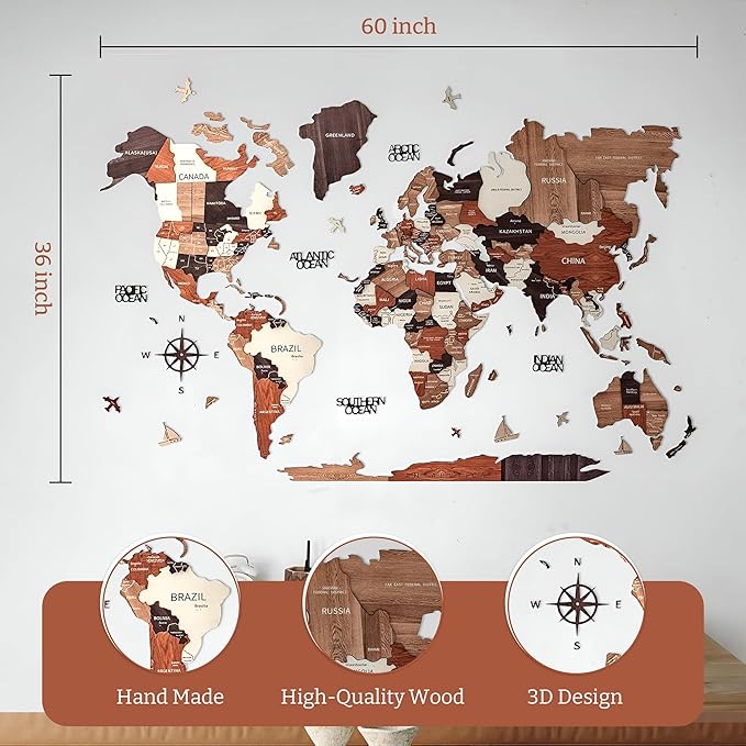 KPSKE 3D Wooden World Map for Wall - Wall Accent Map with Ocean Names, Boats, Compass and More - Wood Travel Map with 50 Pins (Natural)