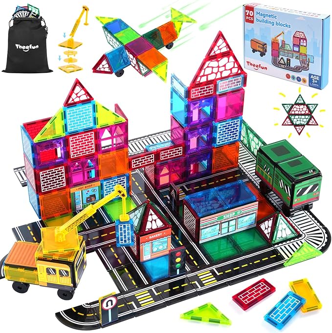 Theefun 70pcs Magnetic Tiles Road Set with Crane & 2 Cars Magnetic Blocks Double Side City STEM Construction Toy Gifts for Kids 3+ Years Old, Include 56 Magnetic Blocks, 13 Magnet Toppers, 1 Bag