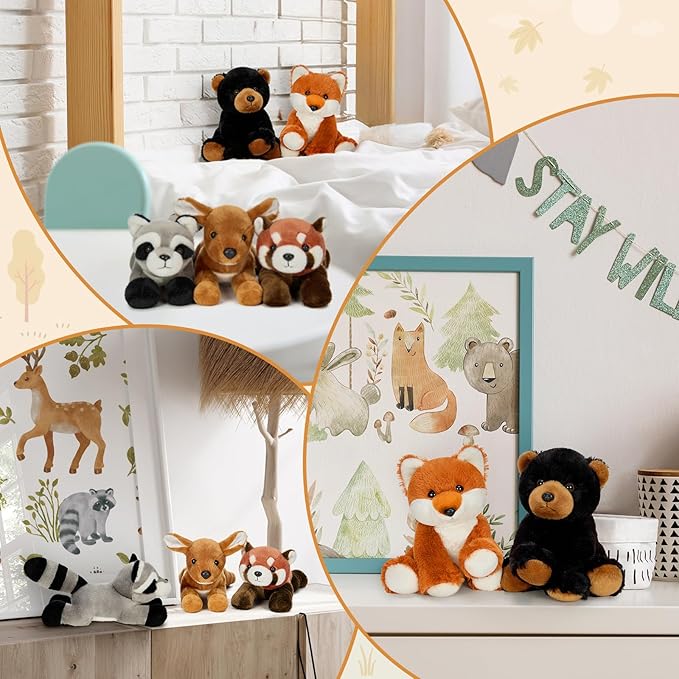 MaoGoLan 8 inch Woodland Stuffed Animals in Bulk for Kids - Bear Deer Fox Raccoon Red Panda Stuffed Plush Toys Set Baby Shower Party Favors Themed Party Decorations Christmas Easter Gifts