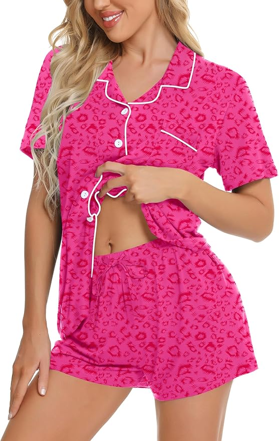SWOMOG Womens Button Down Pajamas Set Short Sleeve Sleepwear Bride Soft Pj Lounge Sets XS-3XL