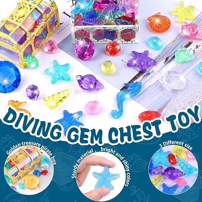 YUJUN 30 Pieces Colorful Diving Gem Pool Toys Big Diamond Ocean Animals Gem with Treasure Pirate Chest Box Summer Underwater Acrylic Gemstones Set for Kids Swimming Pool Party Favors