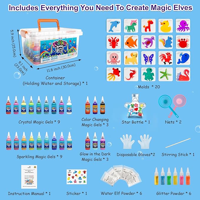 Kiditos Magic Water Elf Toy Kit–Squishies for Kids, 24 Gels+6 Glitter Powders&20 Molds, Magic Gel Water Pets Sensory Toy, Fun DIY Craft Kit, Party Favors, Birthday & Christmas Gifts for Kids Ages 3+