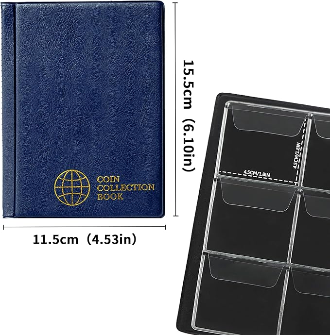 Coin Collection Album 60 Pockets - 4.5x4.5cm/1.8x1.8 inch Coin Holder Book Coin Storage Album Money Penny Pocket for Collectors Blue CS0106BL