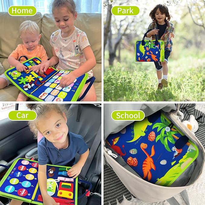 Dinosaur Montessori Learning Toy for Toddlers Ages 3-5 Years, Busy Sensory Board with Educational Activities, Travel-Friendly Developmental Skills Toy