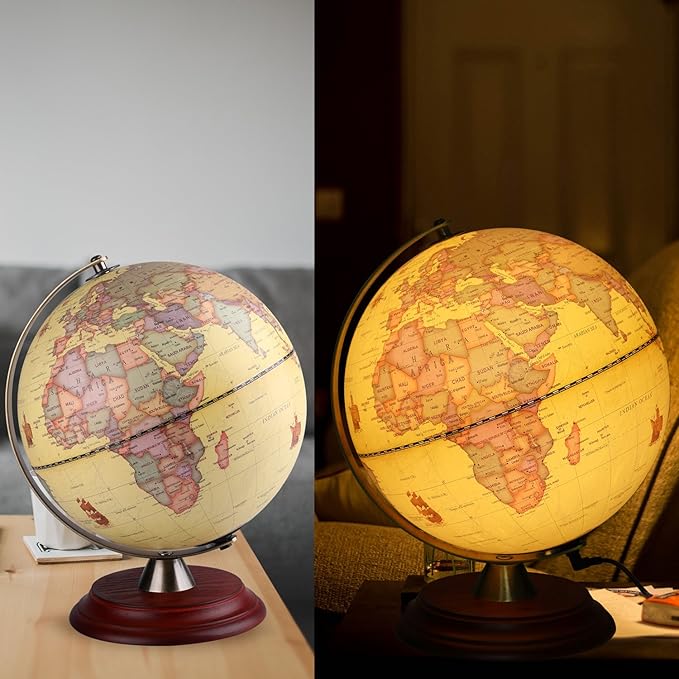 Illuminated World Globe for Adults & Kids with Wooden Stand,Built in LED Lamp for Illuminated Night View Antique Globe for Home Décor and Office Desktop 8inch