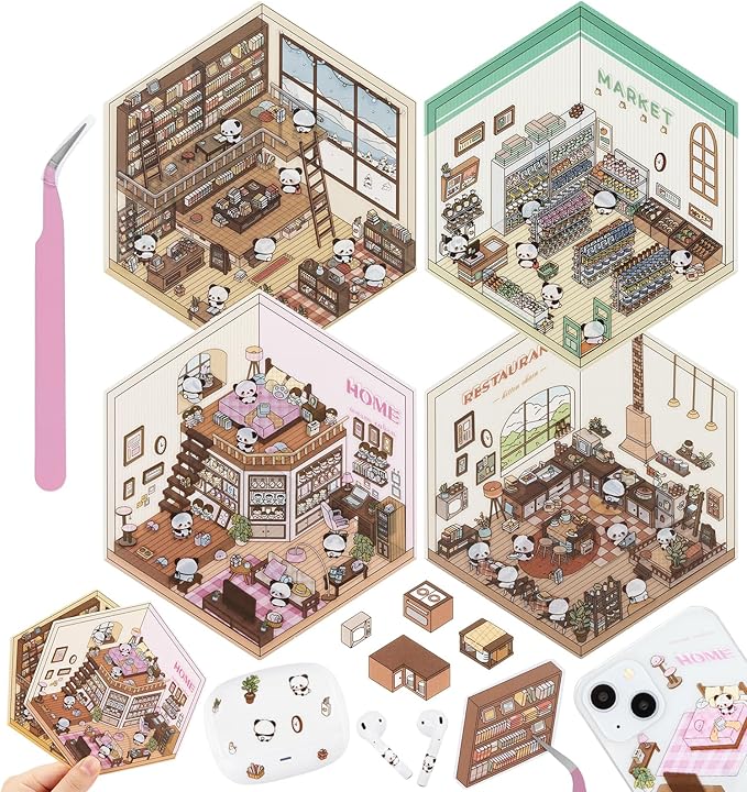 DIY 3D House Stickers, 4 Sets Fun DIY Sticker Scene Make Your Own Mini House Cute Cartoon Animal Scene Stickers for Kids Adult Sticker Art Relief Stress Pass The Time