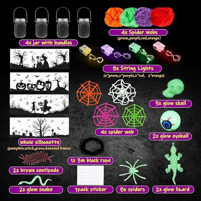 Halloween Craft for Kids,4PCS Halloween Mason Jar Kit with Accessories for Kids DIY,Halloween-Theme Art Activities Supplies Gifts for Kids Aged 4-12,Party Decoration Classroom Trick or Treat