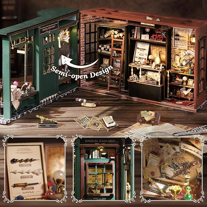 Fsolis DIY Miniature Dollhouse Kit for Adults - Tiny House Mini Bookshelf Scene Kit 3D Wooden Puzzles Gifts for Women Teenagers Craft Lovers (Magic Wand)