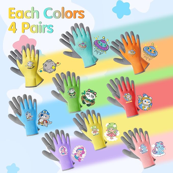 COOLJOB 36 Pairs Kids Gardening Gloves for Little Kid Age 6-8, Toddler Boys Girls Grippy Rubber Coated Children Work Gloves, Assorted Colors, Medium