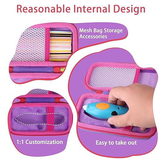 co2CREA Hard Case for 3Doodler Start+ Essentials (2024) 3D Pen Set - Storage Organizer with Custom Slots for Art Activity Set, Printing Filament Refill and USB Charger, Purple Case + Rose Red Zipper
