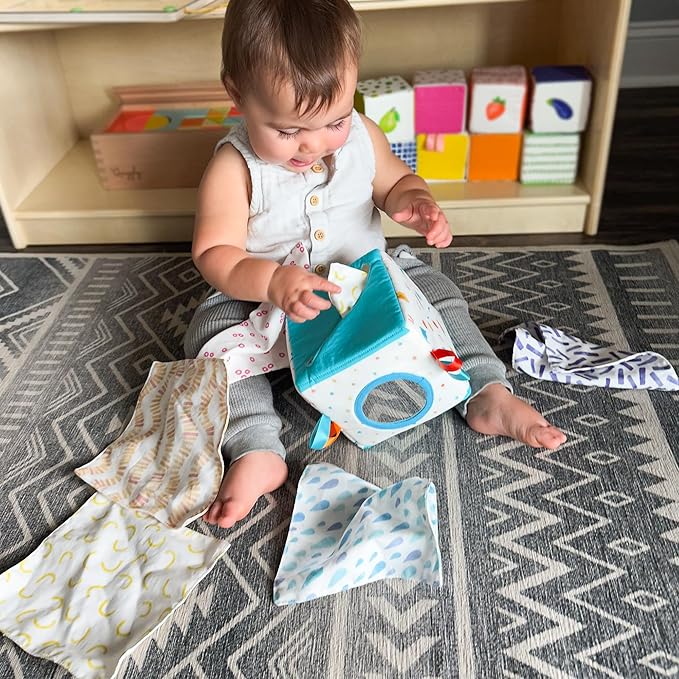 Quiggly Soft Fabric Tissue Box Toy for Babies- Montessori Sensory Development Toy for 6-12 Month Olds - 100% Cotton, Crinkle Tissues, Ribbon Details, Safety Mirror- Ideal for Infant Gross Motor Skills