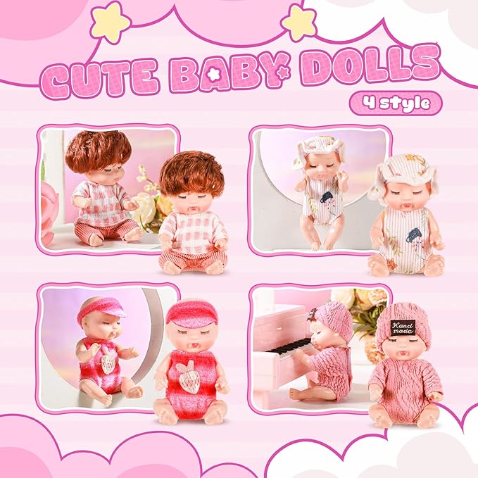 Hanaive 4 Pcs 4 Inch Mini Baby Dolls Lifelike Realistic Baby Dolls Animal Clothes Cute Tiny Gifts for Kids Birthday Party(Homey Style)