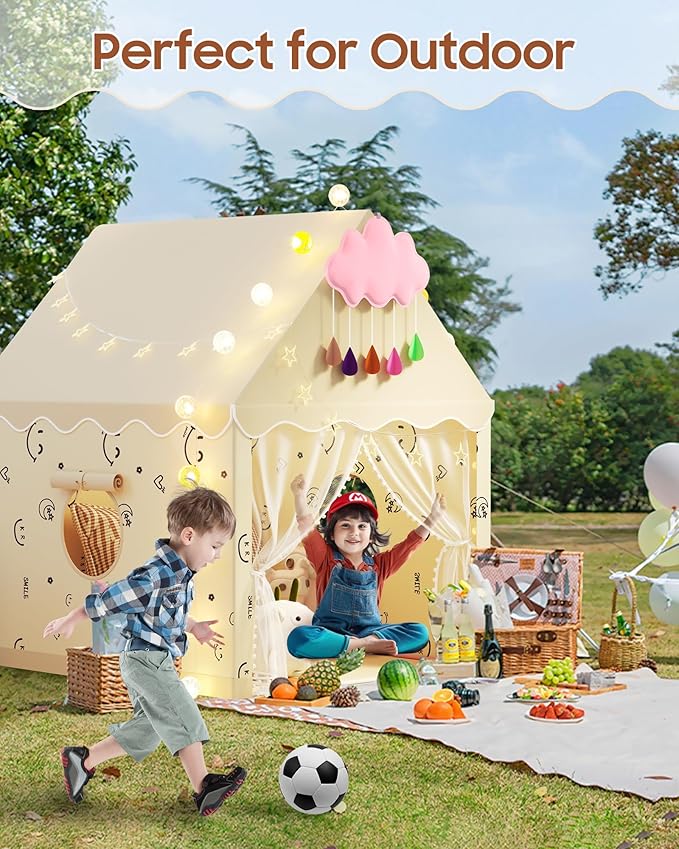 Kids Play Tent, Princess Tent Indoor Playhouse Set with Star Lights, Ball Lights, Colorful Flags, Butterflies, Clouds - Large Tents for Kids Toddle Castle for Girls Toy House Gift