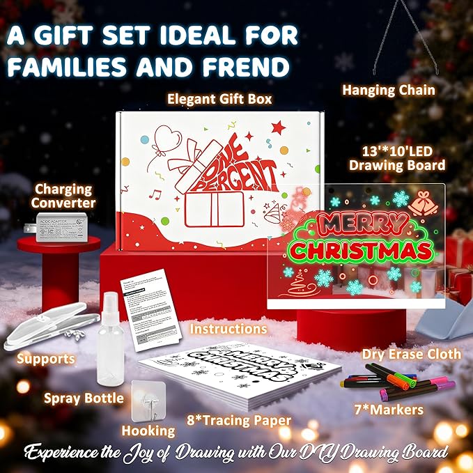 Doodle Glow Board -13.7'' X 10" LED Drawing Board for Room/Store/Festival/Christmas Gifts,etc. with 4 Modes & 7 Colors, LED Glow Drawing Board with Adapter, 7 Markers & Tracing Paper
